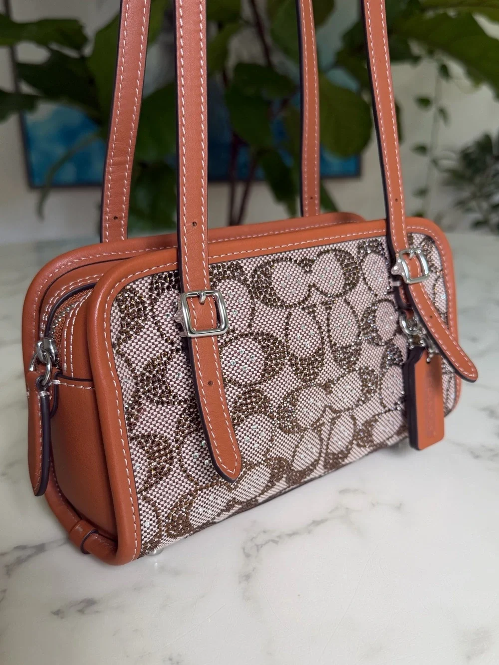 NWOT Coach Swing Zip Bag 20 In Crystal Signature Jacquard CBH53 Burnished Amber